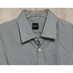 Hugo Boss Shirt Men  XL Blue White Houndstooth Button Up Flannel‎ Hybrid Casual